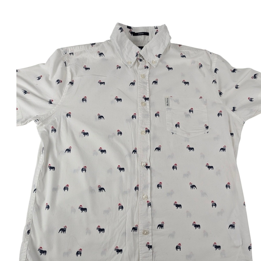 Ben Sherman Mens White Bulldog Print Short Sleeve‎ Stretch Button Down Shirt Med